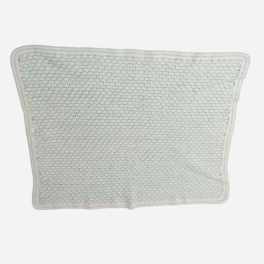 Vintage Baby Blanket Throw Crochet Afghan Unisex White‎ Green Crib 34 X 40